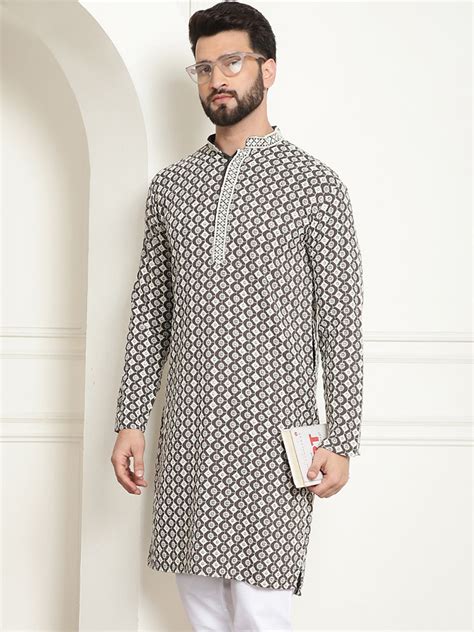 Men's Cotton Contrast Embroidered Sequinned White Long Kurta – Sojanya