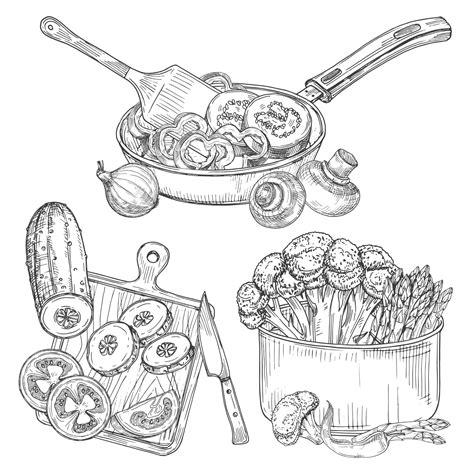Cooking vegetables, dishes and vegetables sketch illustration | Premium ...