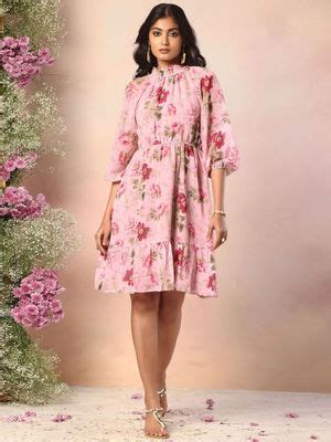 Buy FabAlley Light Pink Floral Print High Neck Skater Dress Online
