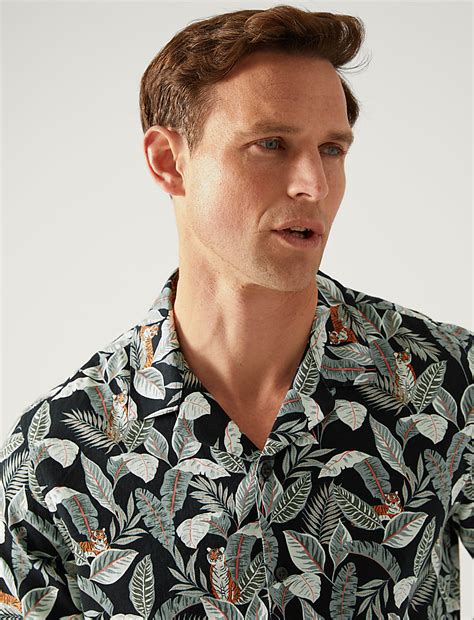 Buy Linen Rich Leaf Print Cuban Collar Shirt at Marks & Spencer