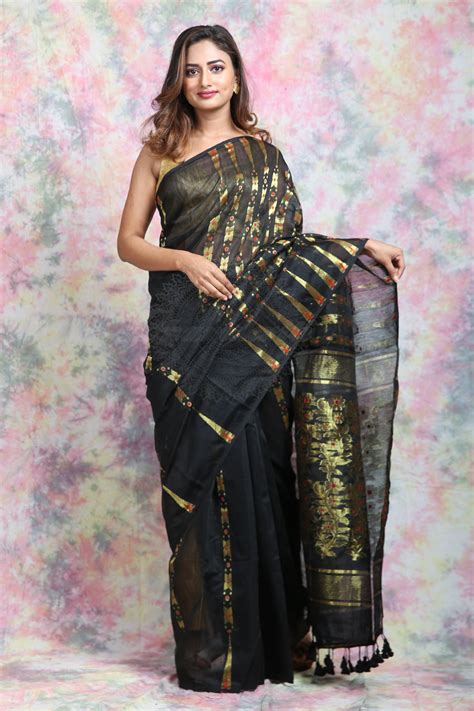 Black Jamdani With Golden Zari Thread Weaving Saree And Jhumka Pompom ...
