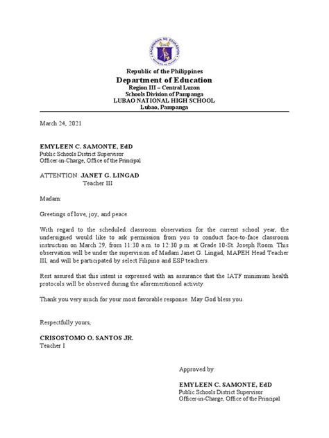 Image result for Example of Letter for Observation