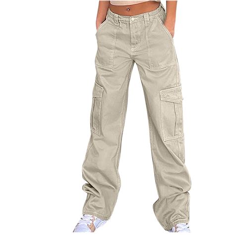 XFLWAM Women High Waisted Cargo Pants 90s Casual Straight Jeans Relaxed ...