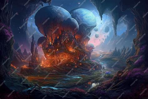 Premium Photo | A painting of a house with a cave in the background