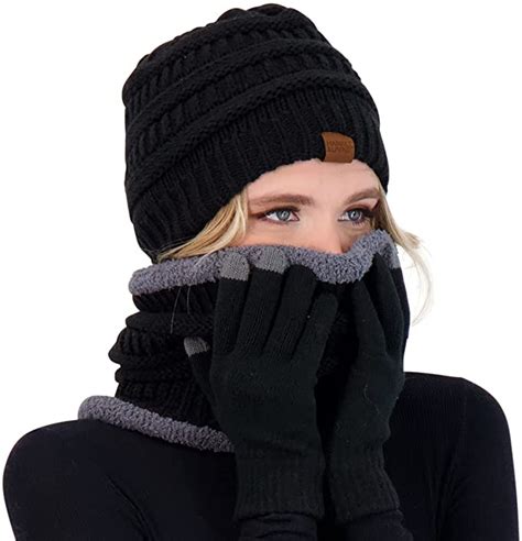 Winter Hat Scarf and Gloves Set for Women Knit Beanie Winter Gloves and ...