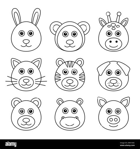 Set of outline cute heads zoo animals. cat, bear, hippo, rabbit, tiger ...