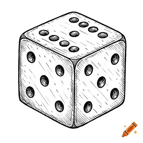 A black and white pen and ink line drawing of a single six-sided dice ...