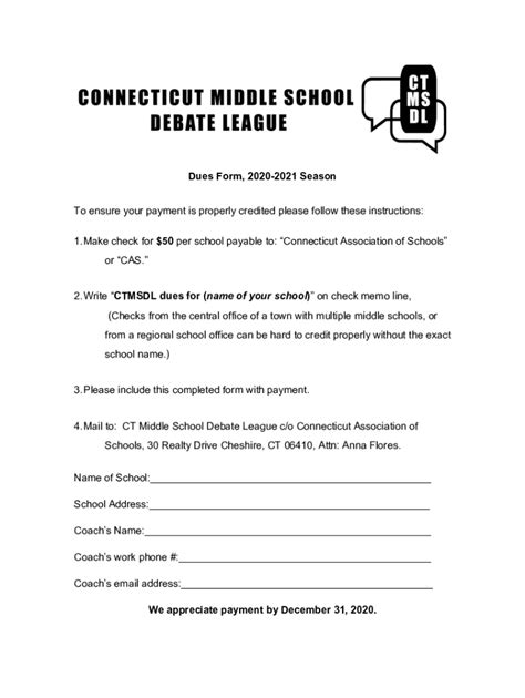 Fillable Online $50 per school payable to: Connecticut Association of ...