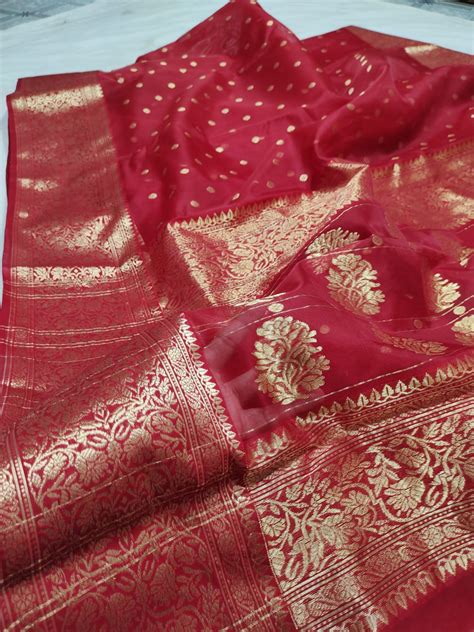 Buy Red Organza Chanderi Katan Silk Saree ZR-436 Online in India