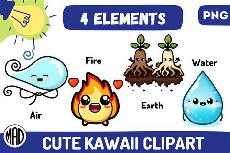 Cute Kawaii Clipart Four Elements PNG Gráfico por Marina Art Design ...