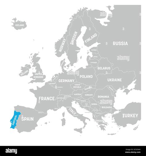 Portugal marked by blue in grey political map of Europe. Vector ...