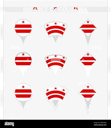 District of Columbia flag, set of location pin icons of District of ...