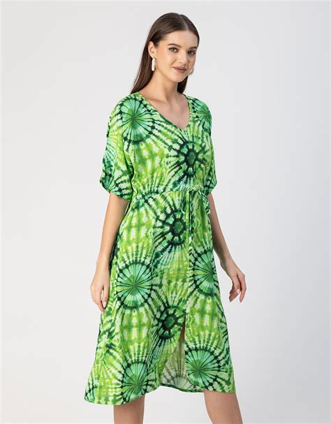V Neck Short Sleeve Printed Rayon Dress - Moomaya