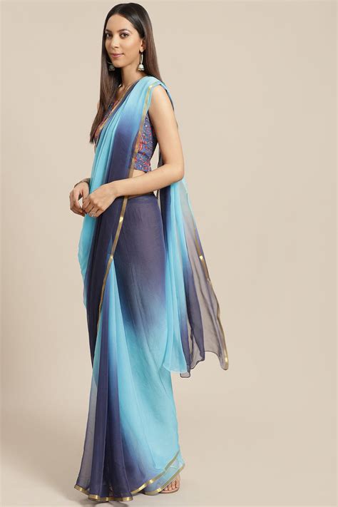 Buy Blue Shade Hand-Dyed Chiffon Saree With Blouse – Geroo Jaipur