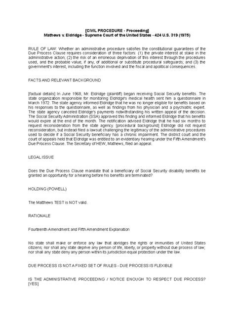 CASE Brief Mathews Eldridge - [CIVIL PROCEDURE - Proceeding] Mathews v ...