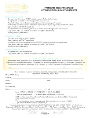 Fillable Online PREFERRED 2016 SPONSORSHIP OPPORTUNITIES COMMITMENT ...