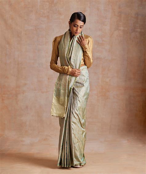 Handloom Sage Green Pure Satin Silk JamawarTanchoi Banarasi Saree ...