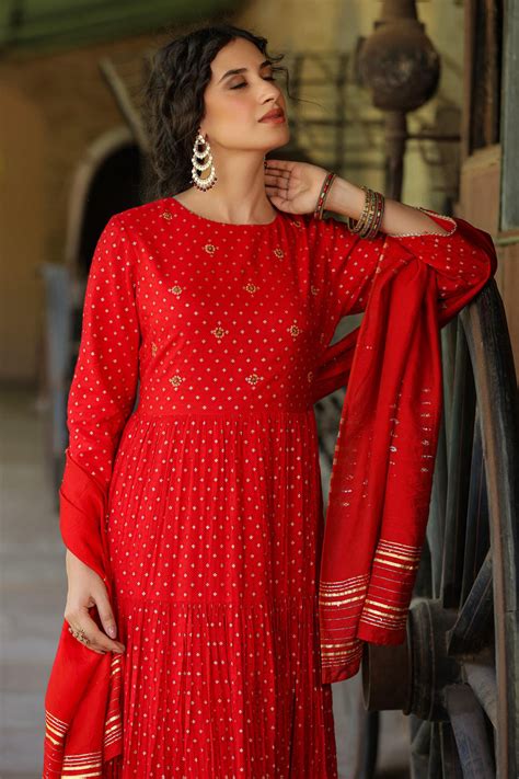 Shop Red Cotton Jacquard Tiered Dress With Dupatta- Elegant Ethnic Wear ...