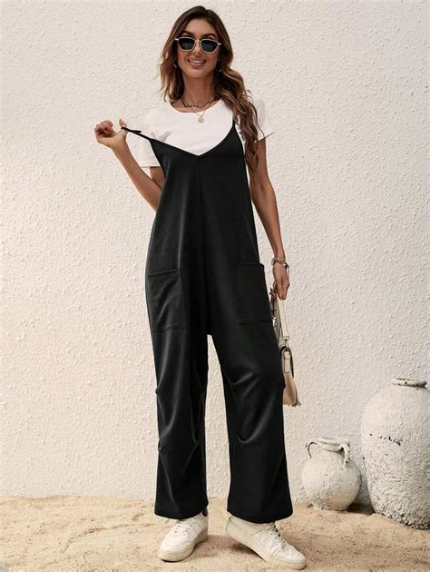 Luneh Spring Black Pocketed Women's Jumpsuit With Straps | SHEIN USA