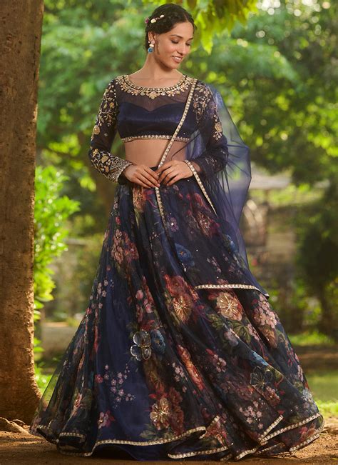 Navy Blue Floral Embroidered Lehenga – Lashkaraa India