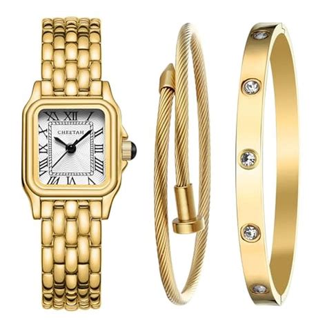 Cheetah Womens Gold Bangle Watch and Bracelet Set | CHEETAH Small ...