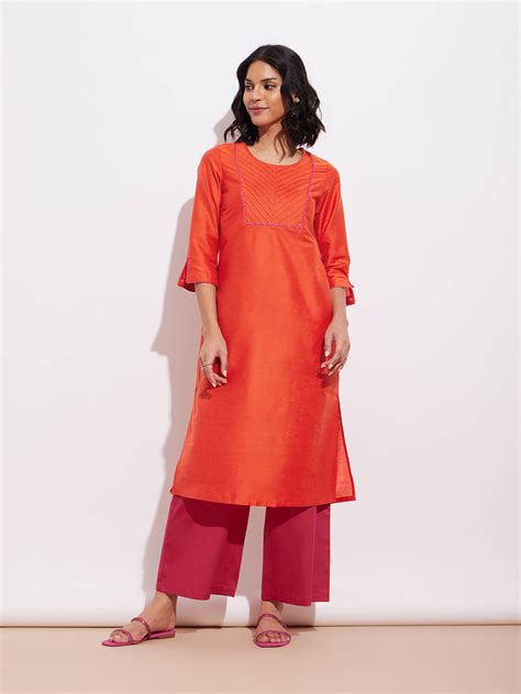 BuyOrange Chanderi Solid Straight Kurta Online | Pink Fort – Pink Fort ...