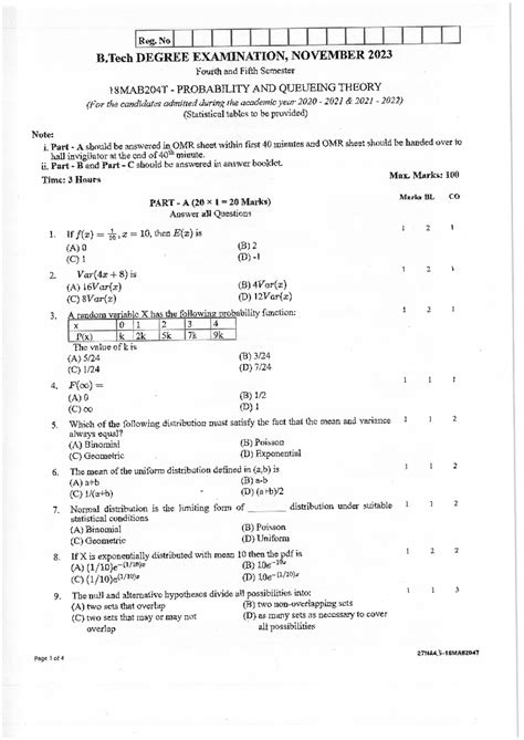18MAB204T Probability and Queueing Theory Previous Year QP - Nov 2023 ...
