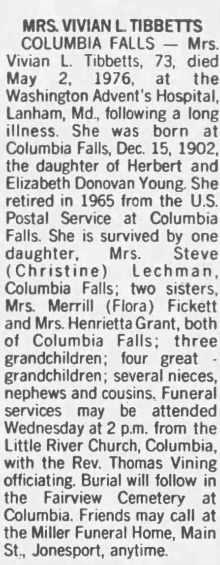 Vivian Lucille Young 1902-1976 Obituary; 4 May 1976 Bangor Daily News ...