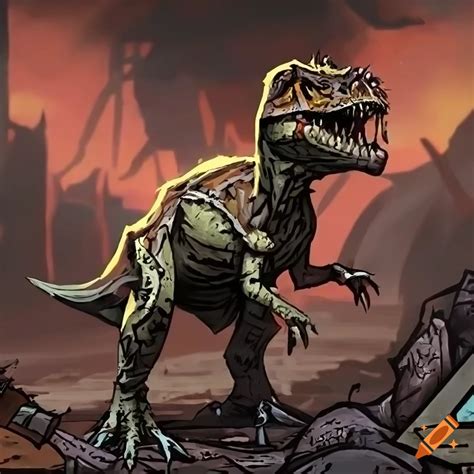 T-Rex dinosaur roaring in a style similar to Darkest Dungeon on Craiyon