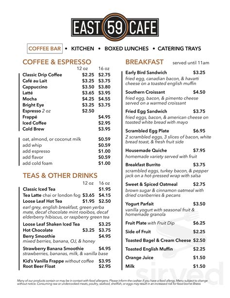 East 59 Cafe menu in Birmingham, Alabama, USA