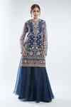 Buy Blue Embroidery Sequin Round Neck Kudi Floral Kurta Skirt Set For ...