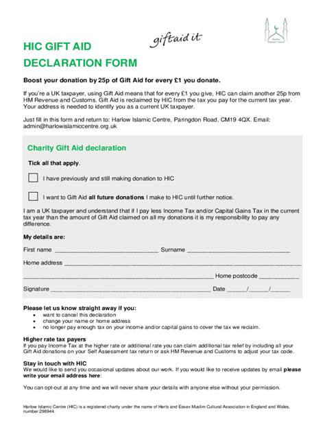 Fillable Online FPA Gift Aid Declaration Form - Harlow ISLAMIC Centre ...