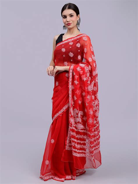 Seva Chikan Hand Embroidered Red Georgette Lucknowi Chikankari Saree-