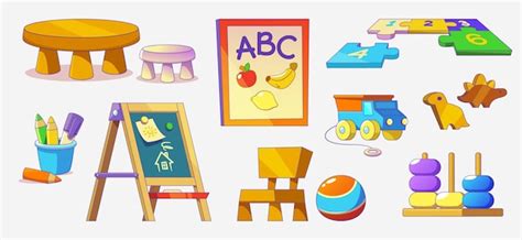 Set di interni per la stanza dell'asilo con giocattolo per bambini ...