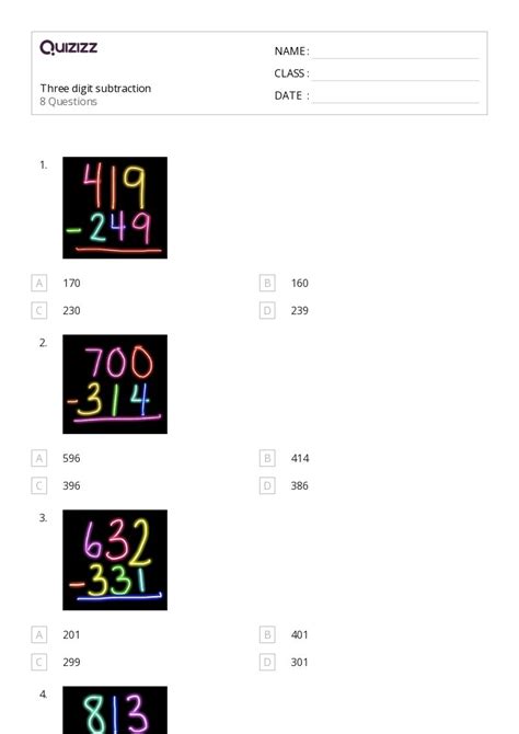 50+ Three-Digit Subtraction worksheets for 3rd Class on Quizizz | Free ...