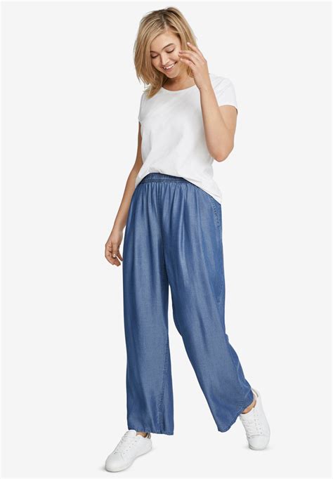 Wide Leg Elastic Waist Denim Pants | Catherines