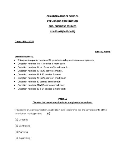 BST XII Pre Board Exam: Business Studies Model Paper - Studocu