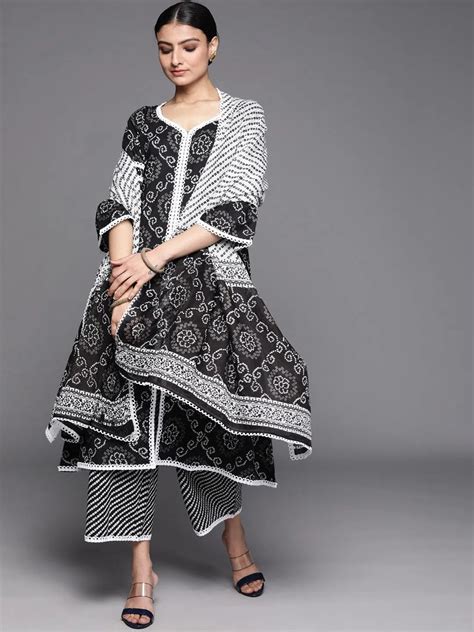 Buy Black Printed Cotton A-Line Kurta With Palazzos & Dupatta Online at ...