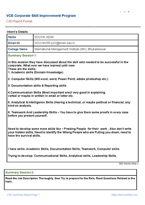 CSD Task Completed - VCE Corporate Skill Improvement Program CSD Report ...
