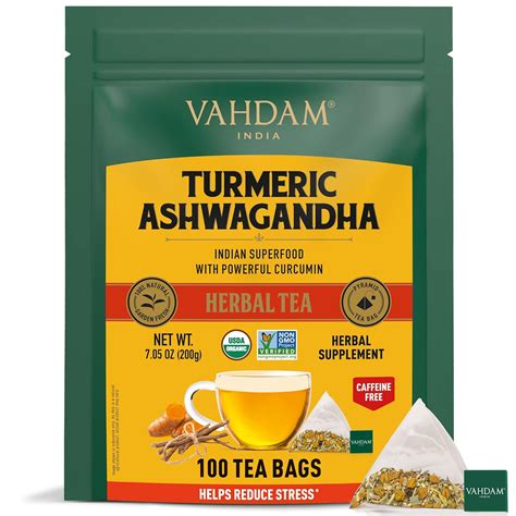 VAHDAM Organic Turmeric Ashwagandha Tea Bags 100 pcs | USDA Certified ...