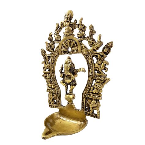 Brass Ethnic Indian Carving Dancing Ganesha Design Diya with Prabhaval ...