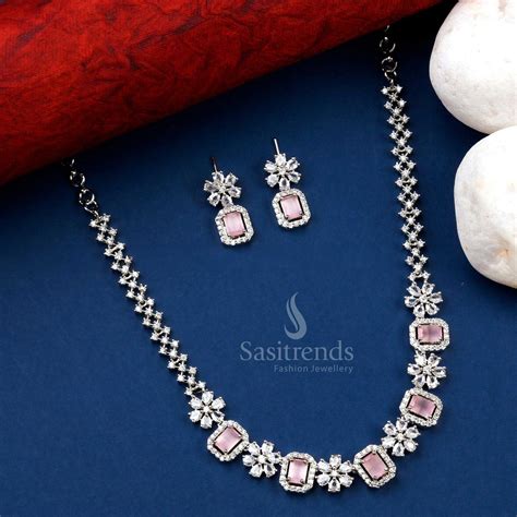 Stunning Rhodium Silver Plated Party Wear Necklace Set with American ...
