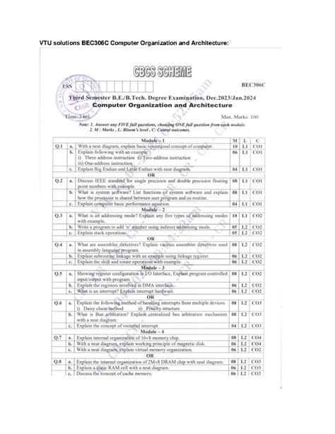 VTU BEC306C Computer Organization & Architecture Exam Solutions - Jan ...