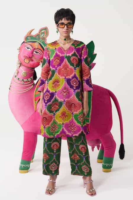 Buy Multi Color Organza, Cotton Satin, Muslin Paisley Pattern Kurta And ...