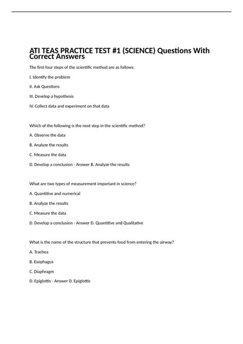 ATI TEAS PRACTICE TEST #1 (SCIENCE) Questions With Correct Answers ...