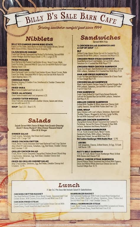 Menu at Billy B's Sale Barn Cafe, Groesbeck, TX-164