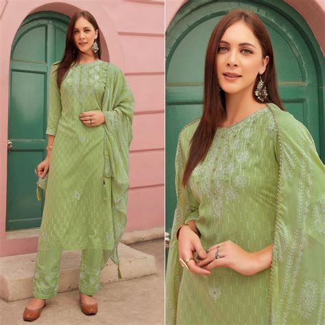 Green Embroidery With Printed Pure Cotton Kurti Pant Set With Dupatta