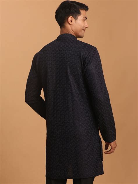 Men's Navy Blue Silk Blend Self Design Kurta – vastramay