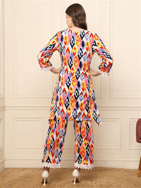 Multi Colour Ikkat Printed Kurta With Palazzo Women Co-Ord Set