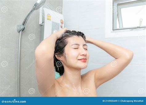 Beautiful Asian Young Woman Taking Shower in Bathroom Stock Image ...